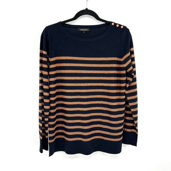 JAEGER Vintage Navy Blue Gold Metallic Striped Wool Lightweight Sweater Large - Picture 1 of 5